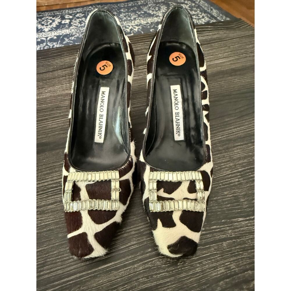 Manolo Blahnik Astocha Pony Hair Animal Crystal Pendant Heels Sz. 5